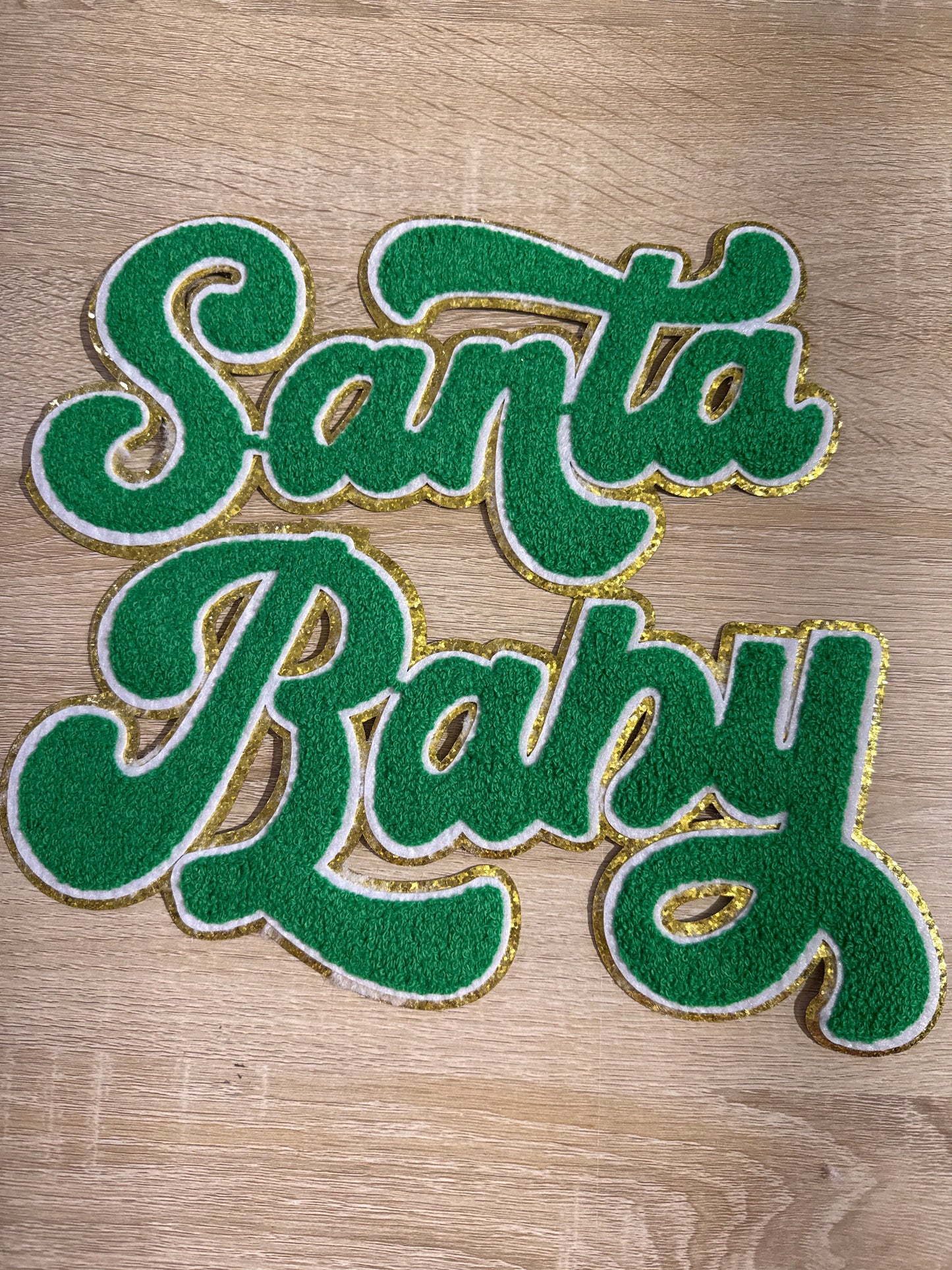 Santa Baby Chenille Christmas Green/Gold Embroidery Iron On Patch For Clothes Applique DIY Iron On Clothes 1 piece