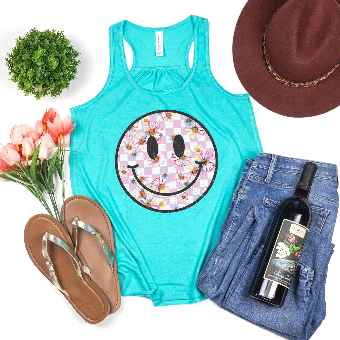 Checker Floral Happy Face Graphic Tee