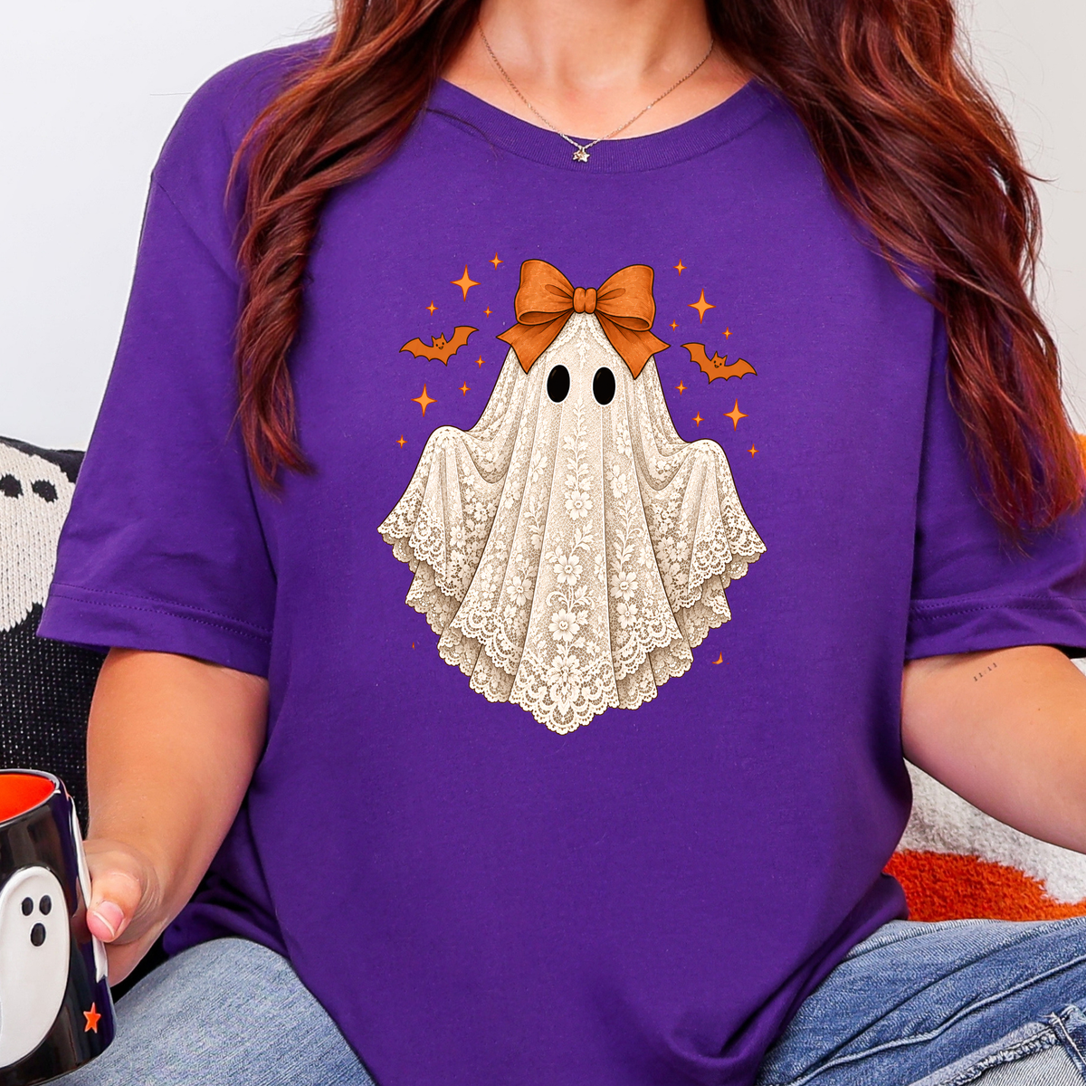 Coquette Halloween Lace Ghost Graphic Tee