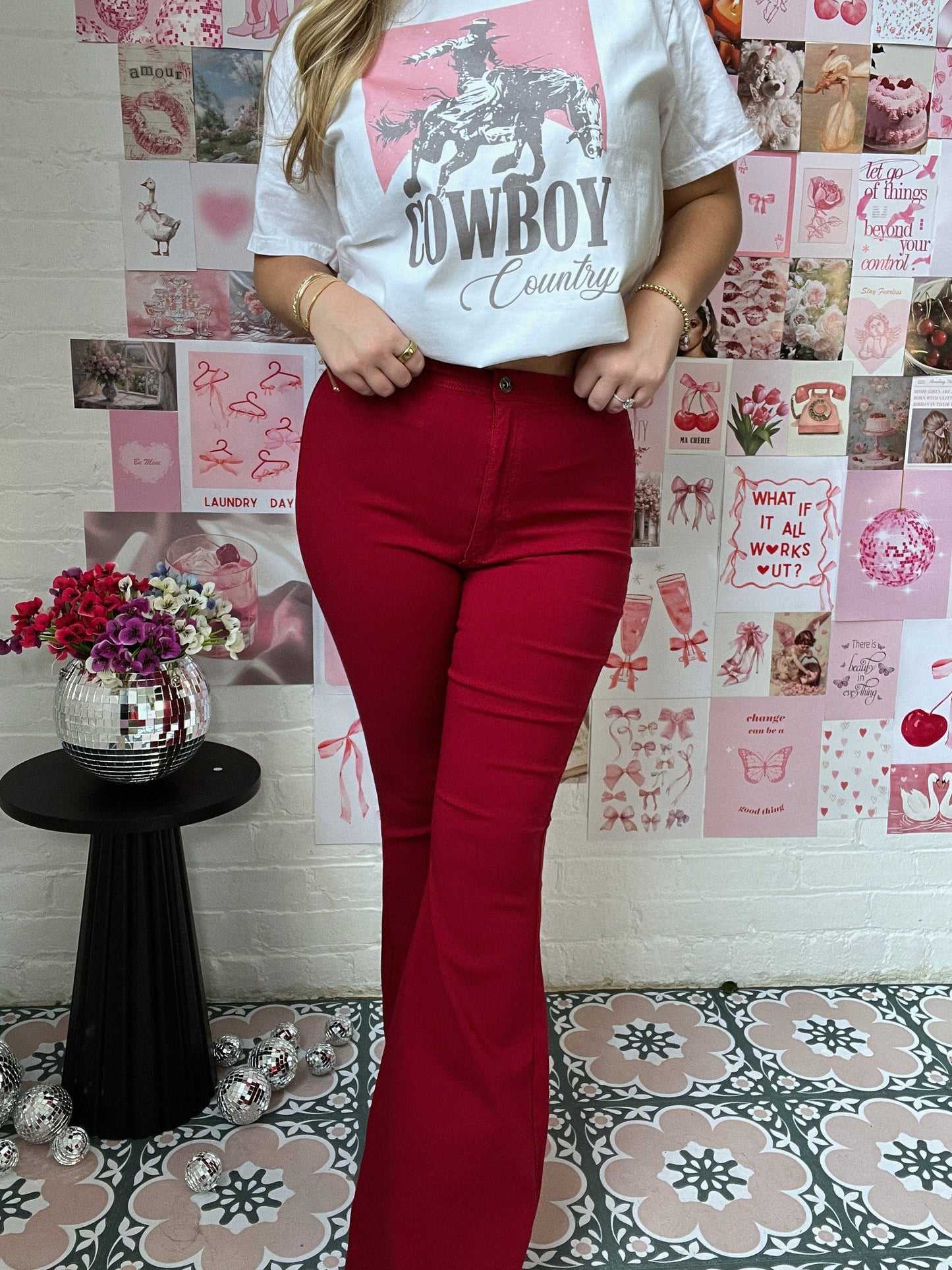Fiona High Waisted Bell Bottom Flare Jeans - Burgundy