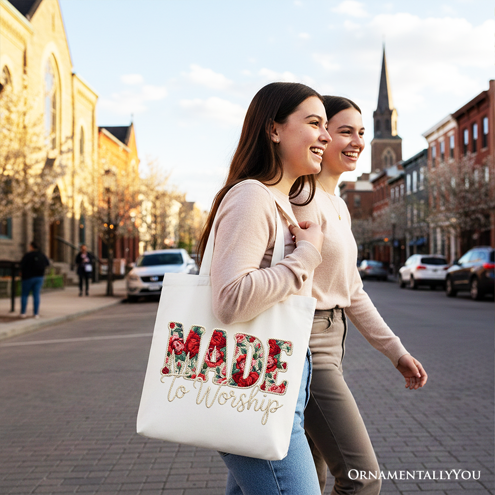 Made to Worship Printed Faux Yarn Crochet Christian Tote Bag, Floral Retro Faith Gift Shopper