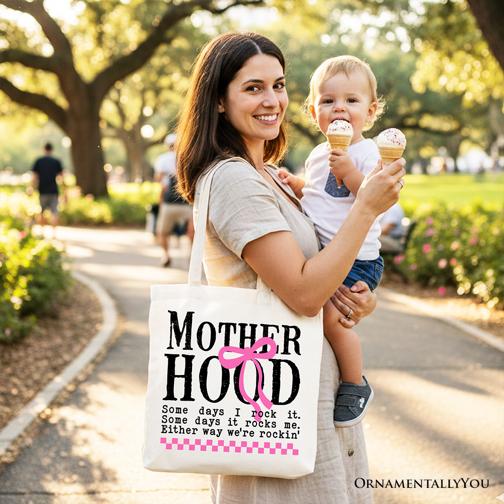 Motherhood Coquette Pink Bow Tote Bag, Retro Checkered Gift Shopper