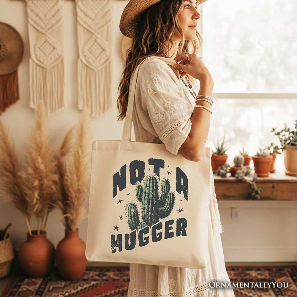 Not a Hugger Tote Bag With Cactus, Funny Retro Gift Shopper for Sarcastic Girls