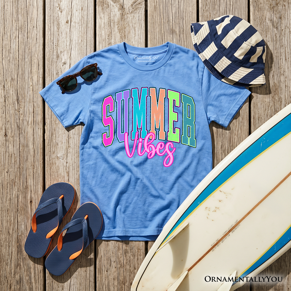 Kids Summer Vibes Neon Varsity T-Shirt, Retro Beach Tee for Youth