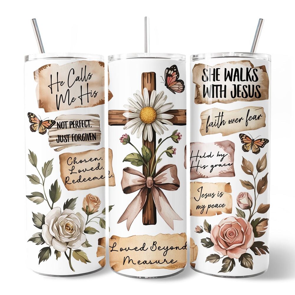 Boho Christian Cross 20oz Personalized Tumbler With Lid and Stainless Steel Straw, Vintage Floral Quotes Gift Cup