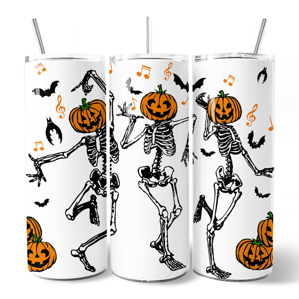 Dancing Skeletons with Pumpkin Head 20oz Personalized Tumbler With Lid and Stainless Steel Straw, Funny Dry Bones Come Alive Halloween Gift Cup