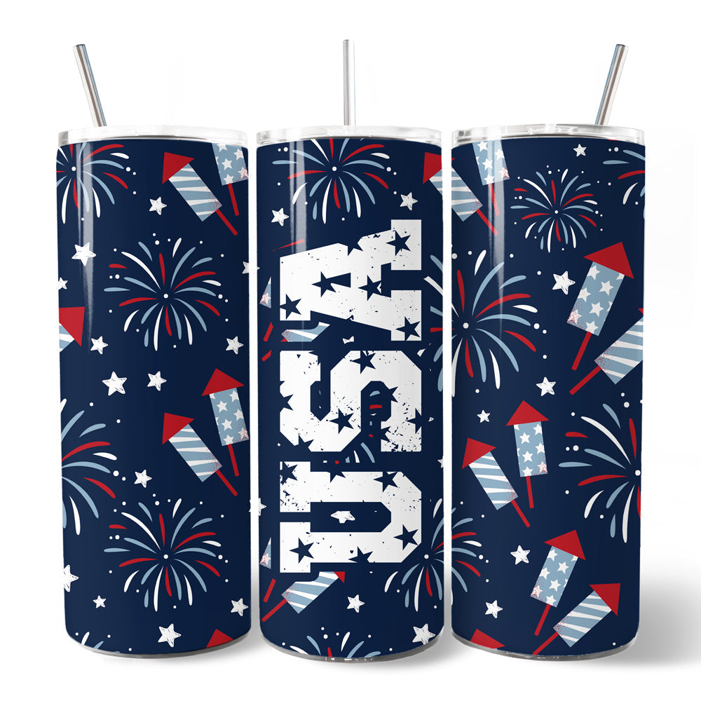 Fireworks USA Block Letters 20oz Personalized Tumbler With Lid and Stainless Steel Straw, Vintage July 4th Patriotic Gift Cup