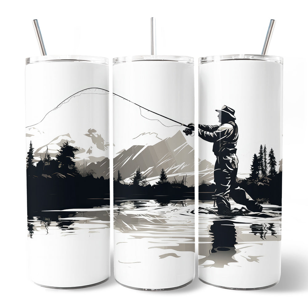 Fly Fishing Mountain Lake Scene 20oz Personalized Tumbler With Lid and Stainless Steel Straw, Angler Outdoor Adventure Gift Cup