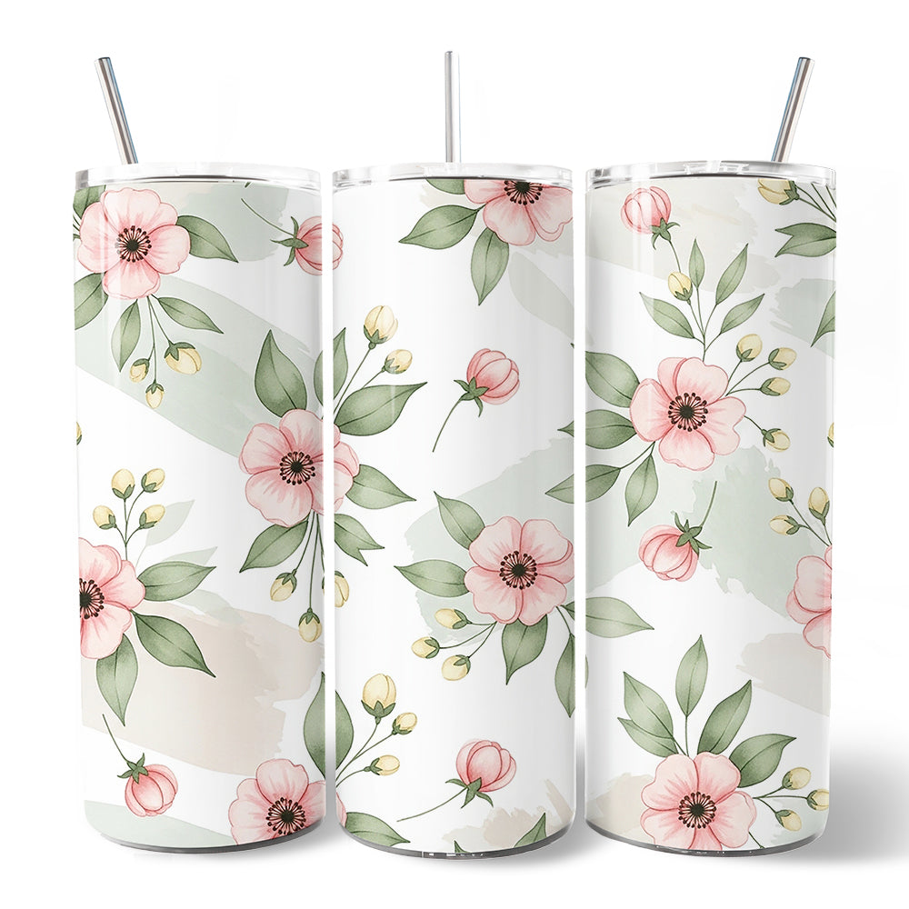 Soft Pink Wildflower 20oz Personalized Tumbler With Lid and Stainless Steel Straw, Elegant Floral Pattern Gift Cup