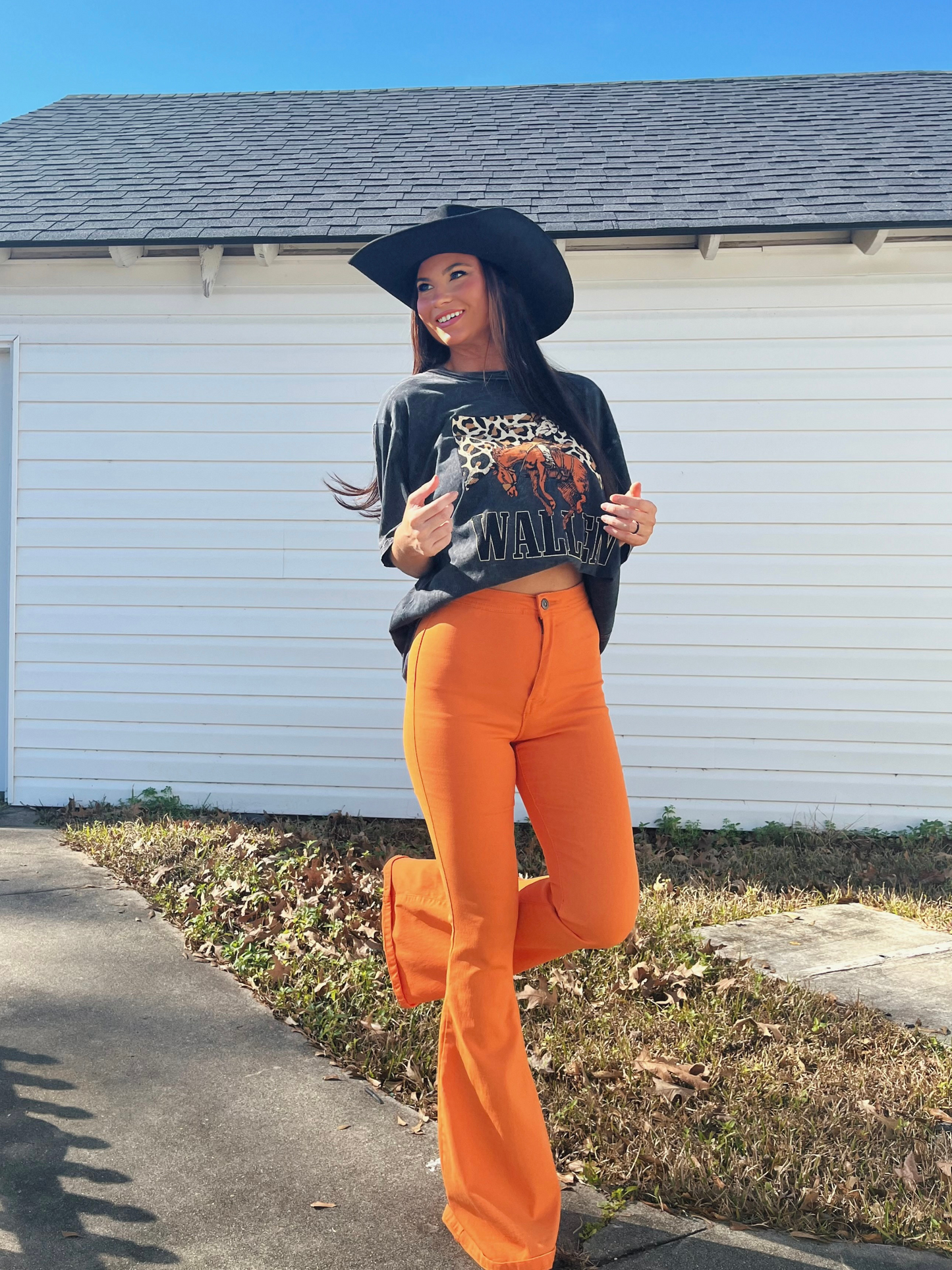 Fiona High Waisted Bell Bottom Flare Jeans - Orange