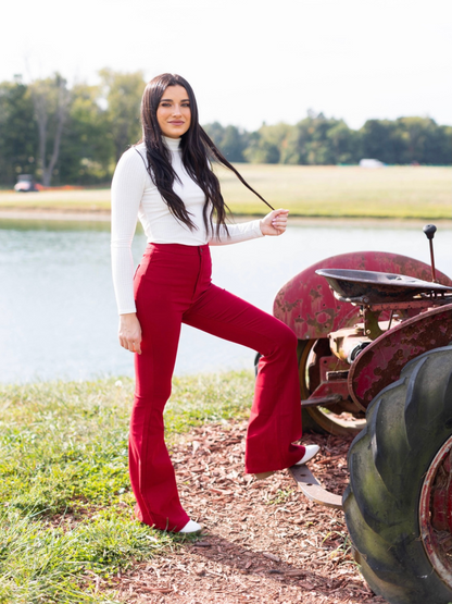 Fiona High Waisted Bell Bottom Flare Jeans - Red
