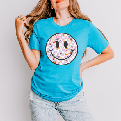 Checker Floral Happy Face Graphic Tee