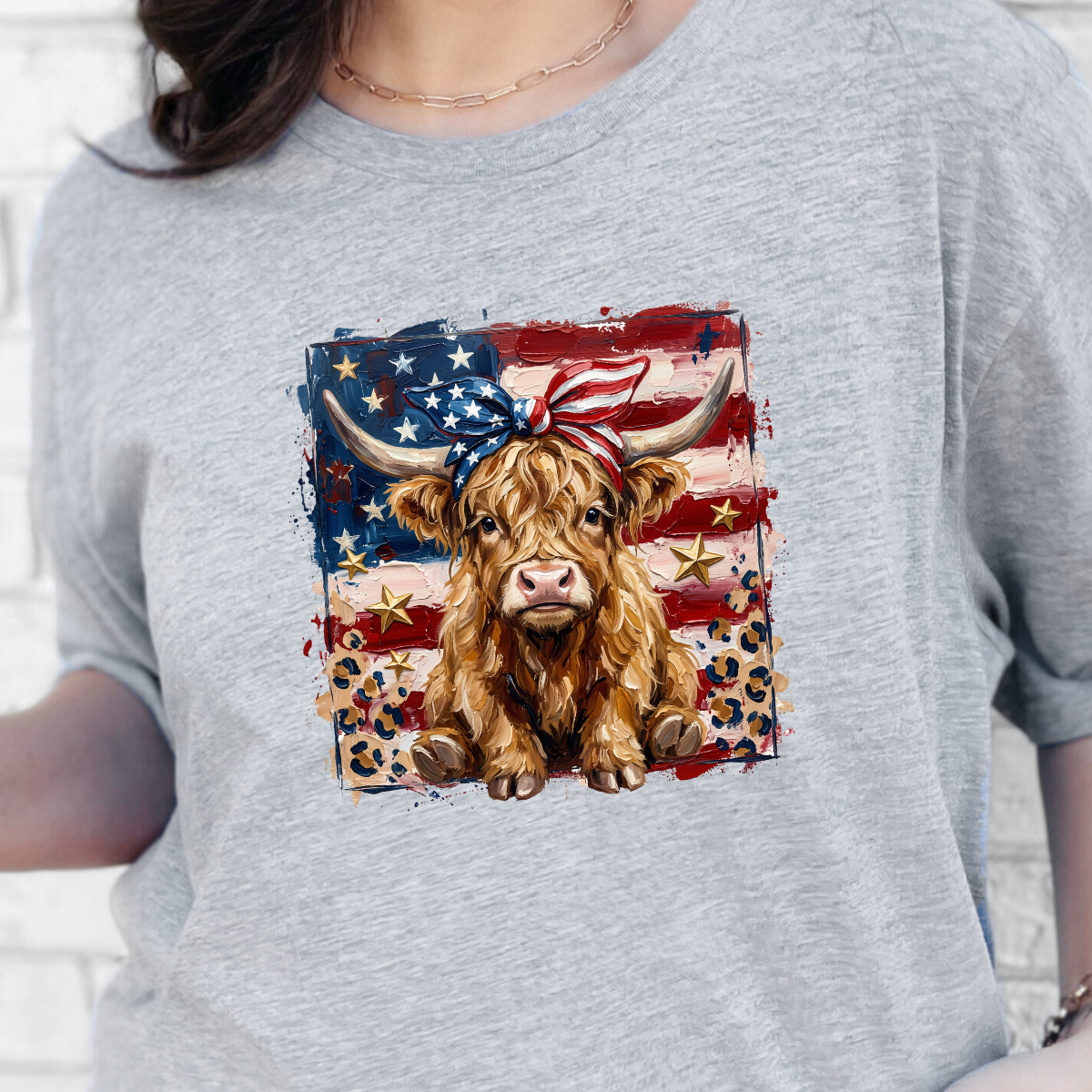Patriotic Highland Cow Graphic Tee