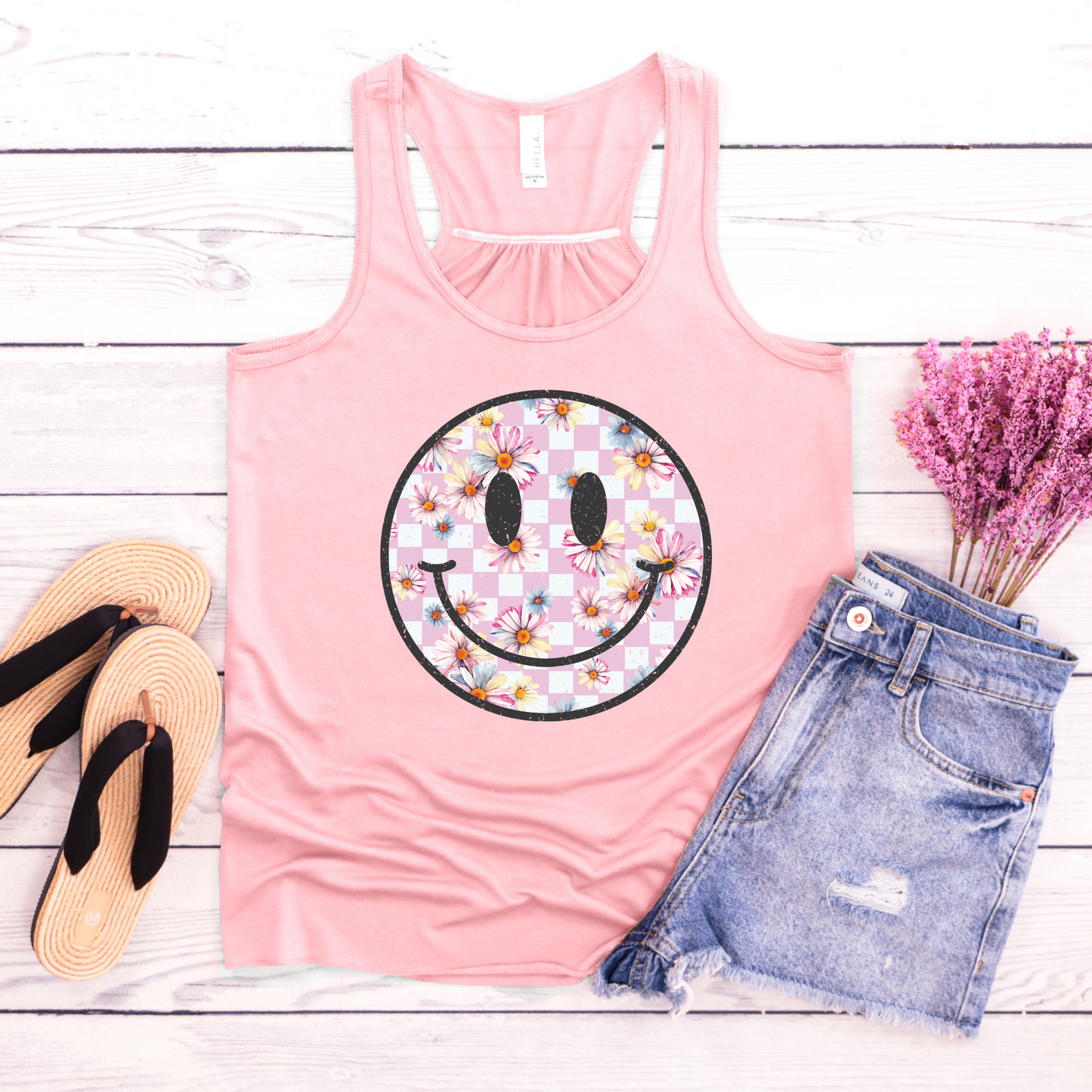 Checker Floral Happy Face Graphic Tee