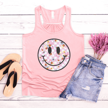 Checker Floral Happy Face Graphic Tee