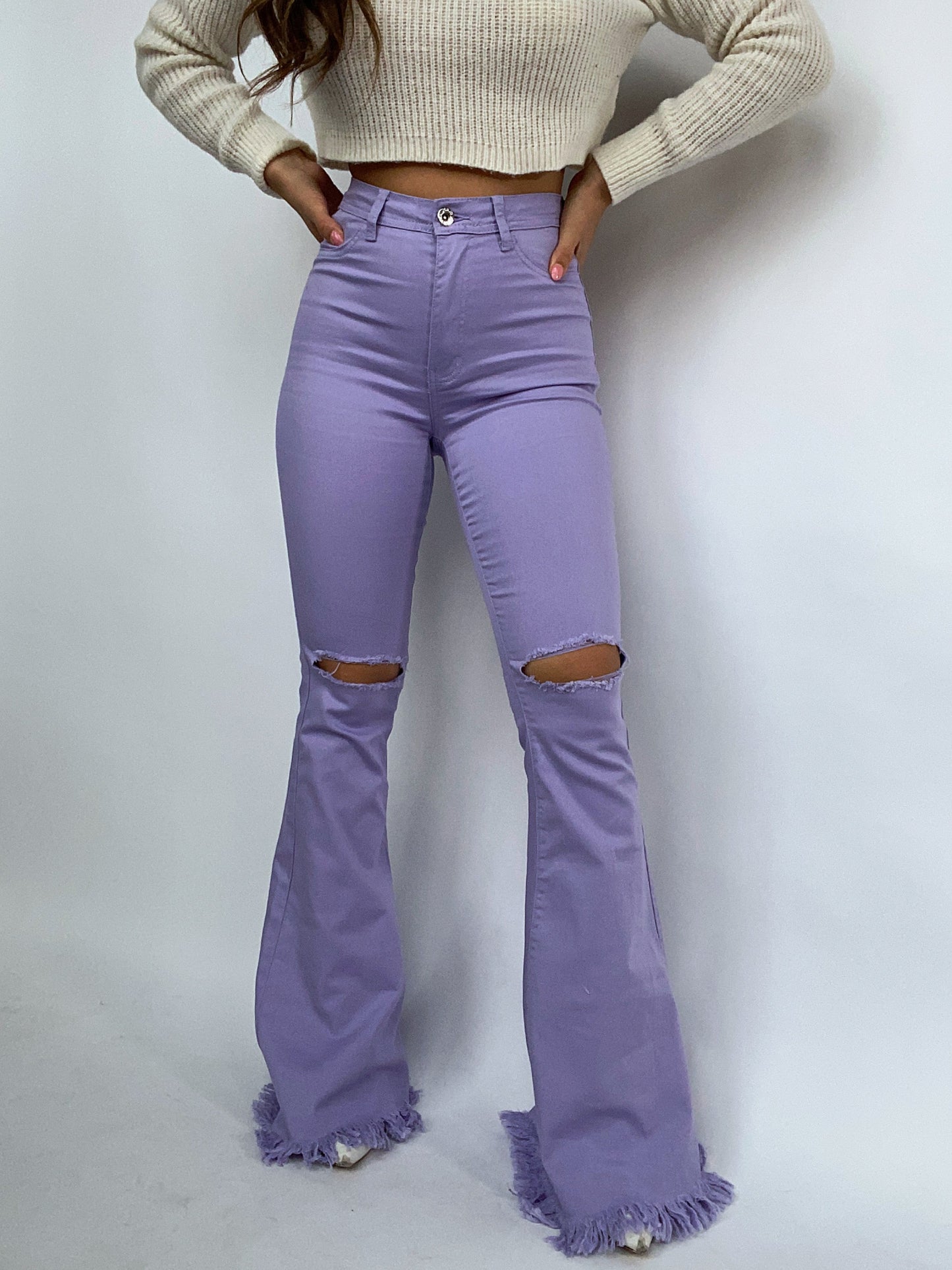Farrah Distressed High Waisted Flares - Lavender