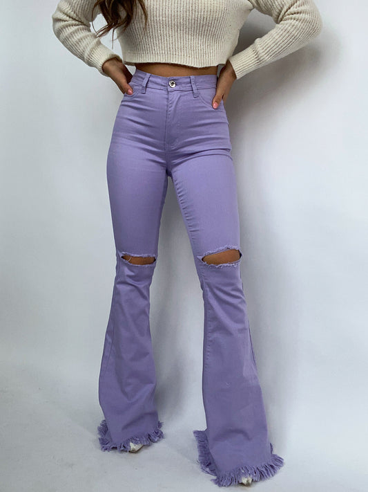 Farrah Distressed High Waisted Flares - Lavender