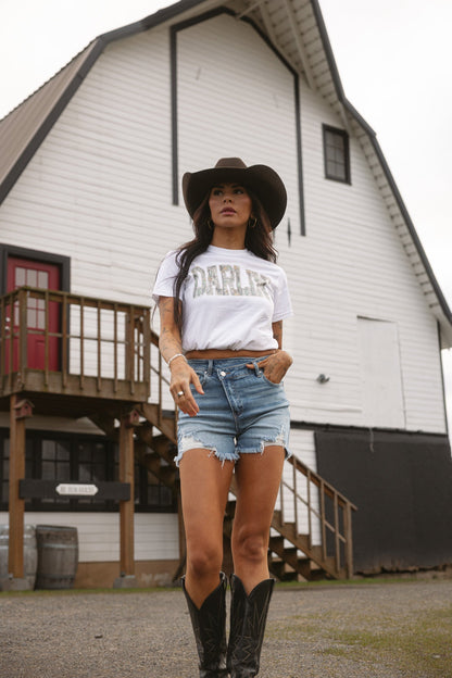 Lindsey Asymmetrical Distressed Shorts- Medium Wash