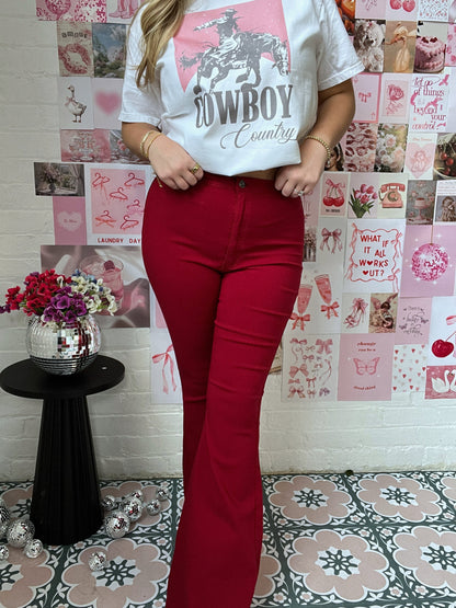 Fiona High Waisted Bell Bottom Flare Jeans -  Burgundy