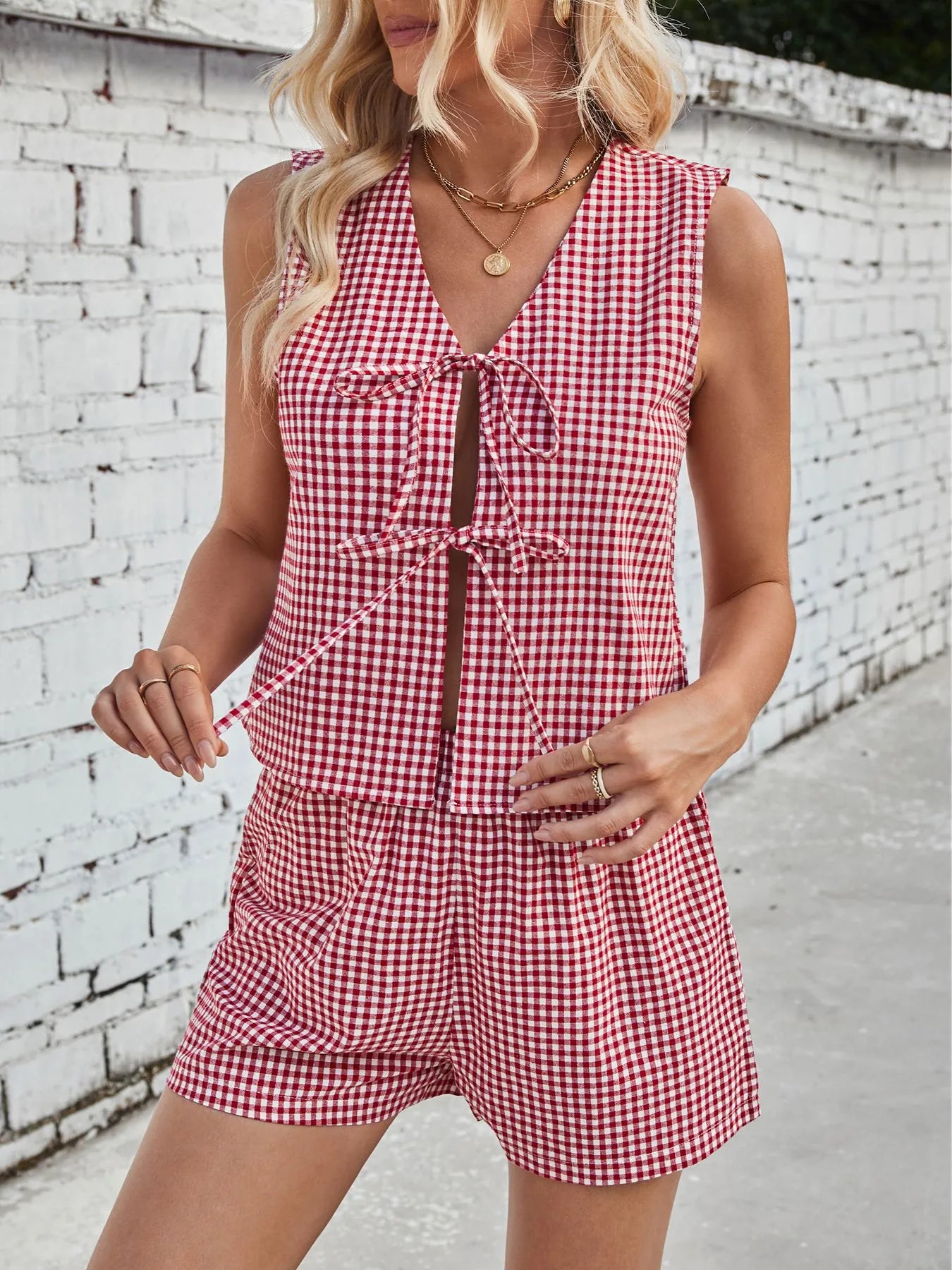 PREORDER - Gingham Print Tie Front Top and Shorts Set