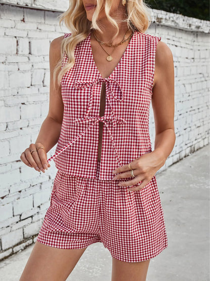 PREORDER - Gingham Print Tie Front Top and Shorts Set