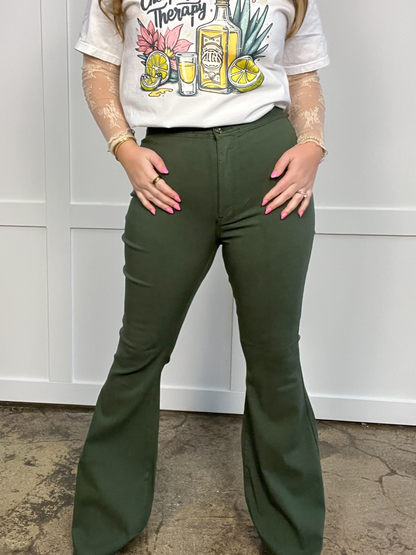 Fiona High Waisted Bell Bottom Flare Jeans - Olive