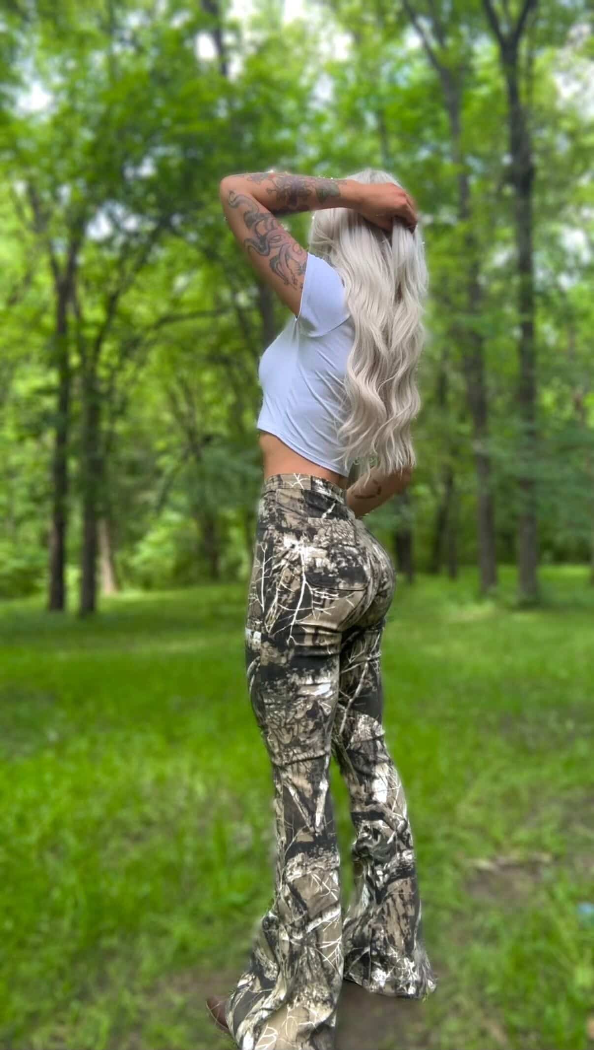 Fiona High Waisted Bell Bottom Flare Jeans - Moss Brown Camo