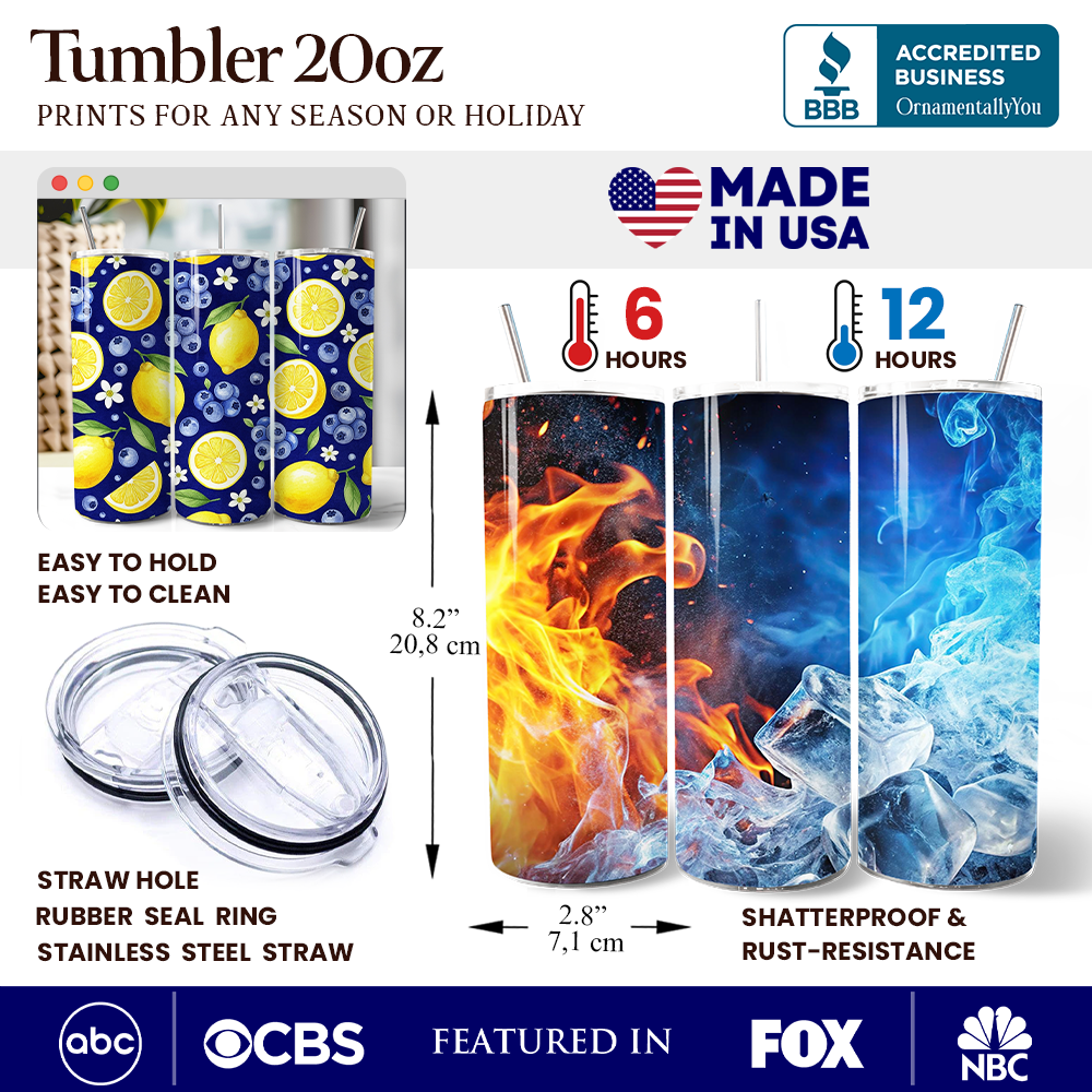 Fresh Lemon and Blueberry Pattern 20oz Personalized Tumbler With Lid and Stainless Steel Straw, Summer Citrus Fruit Gift Cup