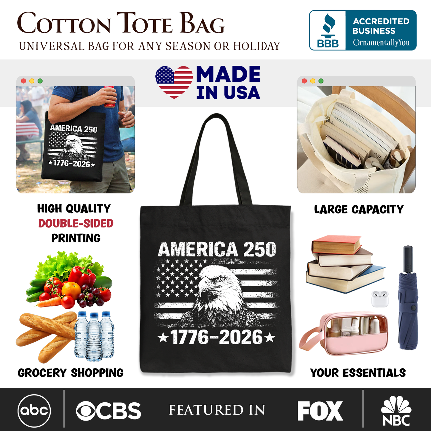 America 250 Freedom Flag Eagle Tote Bag, 4th of July USA Patriotic 1776–2026 Gift Shopper