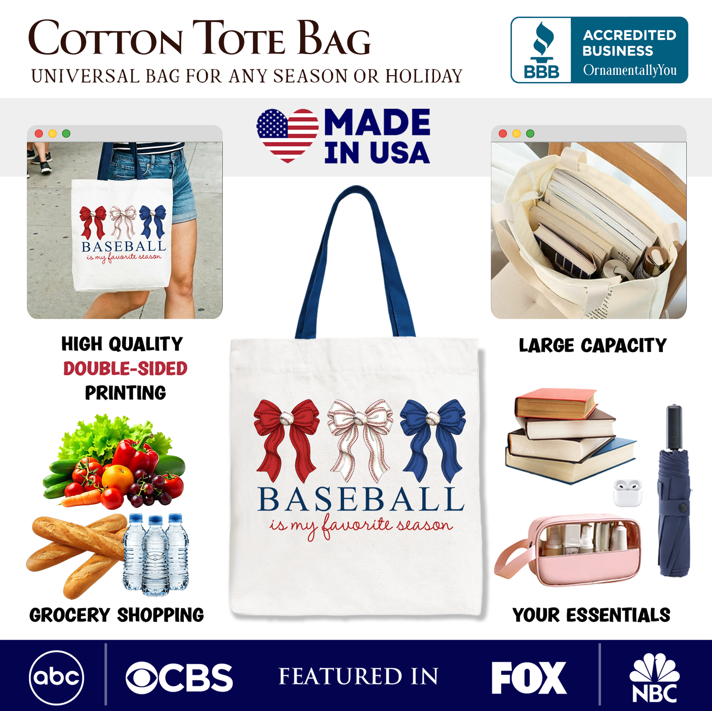 Baseball Is My Favorite Season Tote Bag, Coquette Bow Game Day Gift Shopper