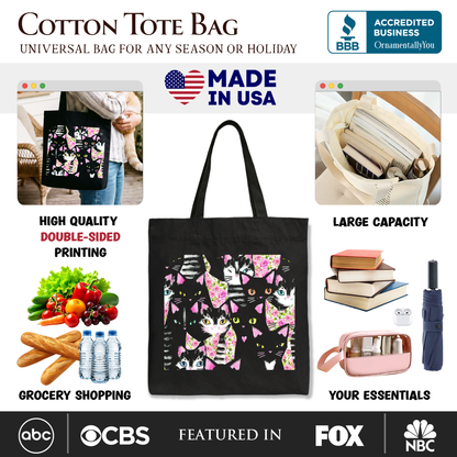 Floral Black And Pink Cats Pattern Cute Tote Bag, Kitten Collage Gift Shopper for Cat Lovers
