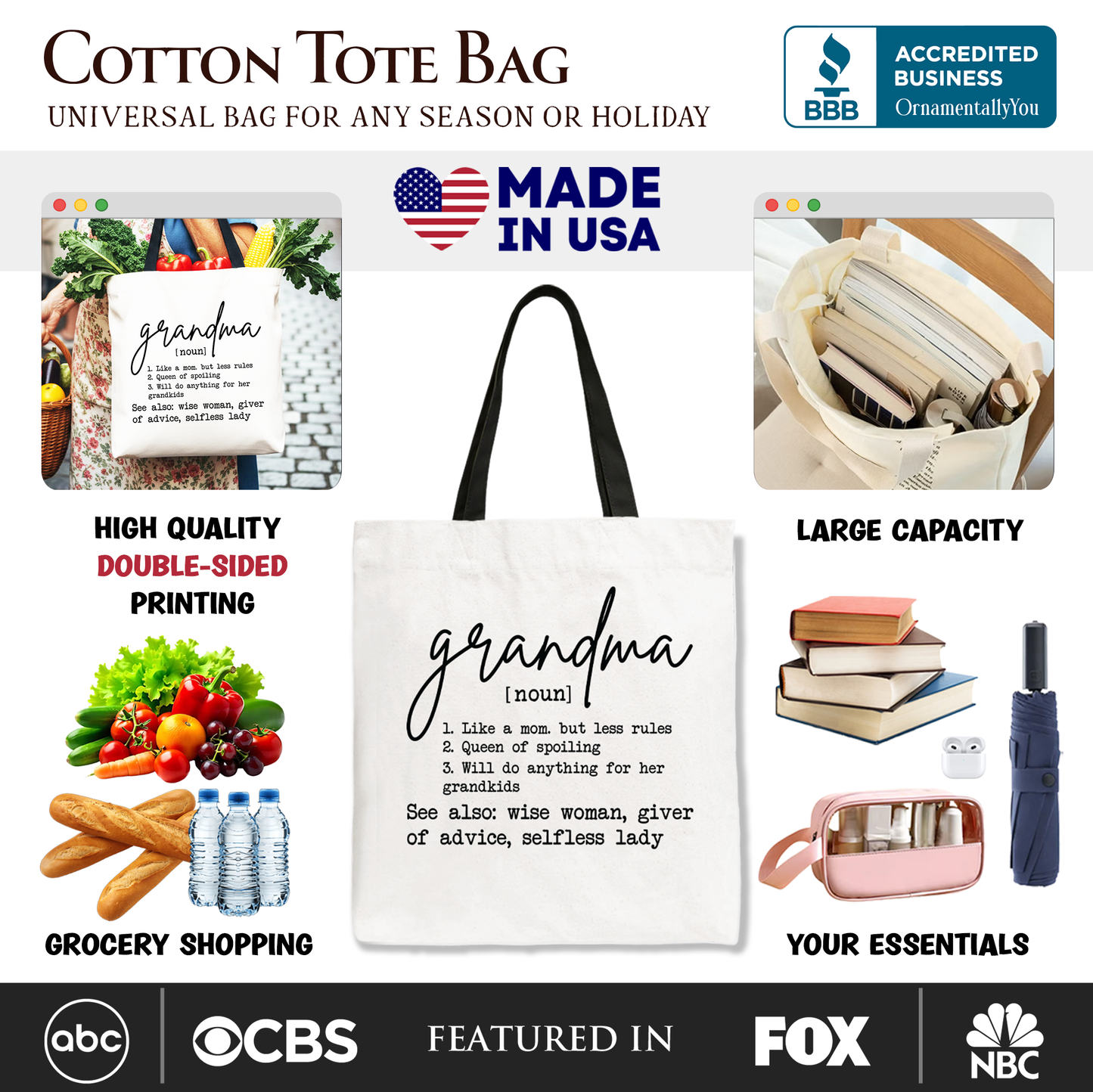Grandma Definition Canvas Tote Bag, Funny Gift Shopper for Nana