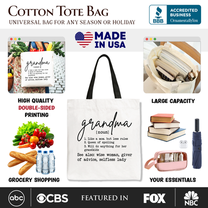 Grandma Definition Canvas Tote Bag, Funny Gift Shopper for Nana