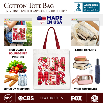 Strawberry Cherry Printed Faux Patchwork Tote Bag, Summer Fruit Picnic Gift Shopper