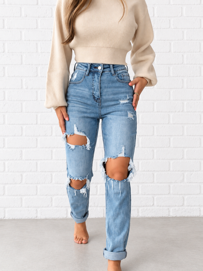 Lindsey Distressed Boyfriend Stretchy Jeans - Medium Wash