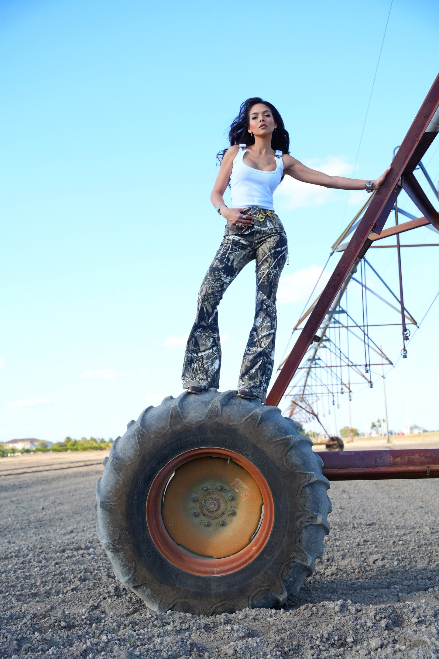 Fiona High Waisted Bell Bottom Flare Jeans - Moss Brown Camo