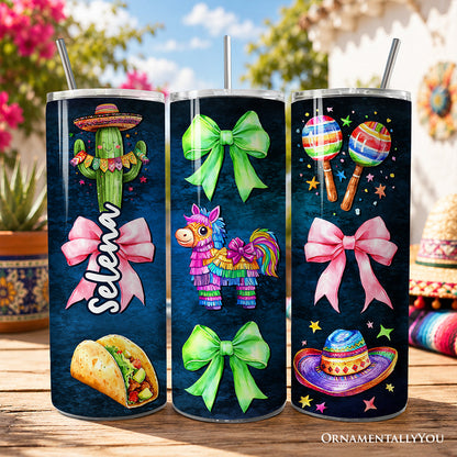 Cinco De Mayo Coquette Bow 20oz Personalized Tumbler With Lid and Stainless Steel Straw, Mexican Fiesta Maracas Gift Cup