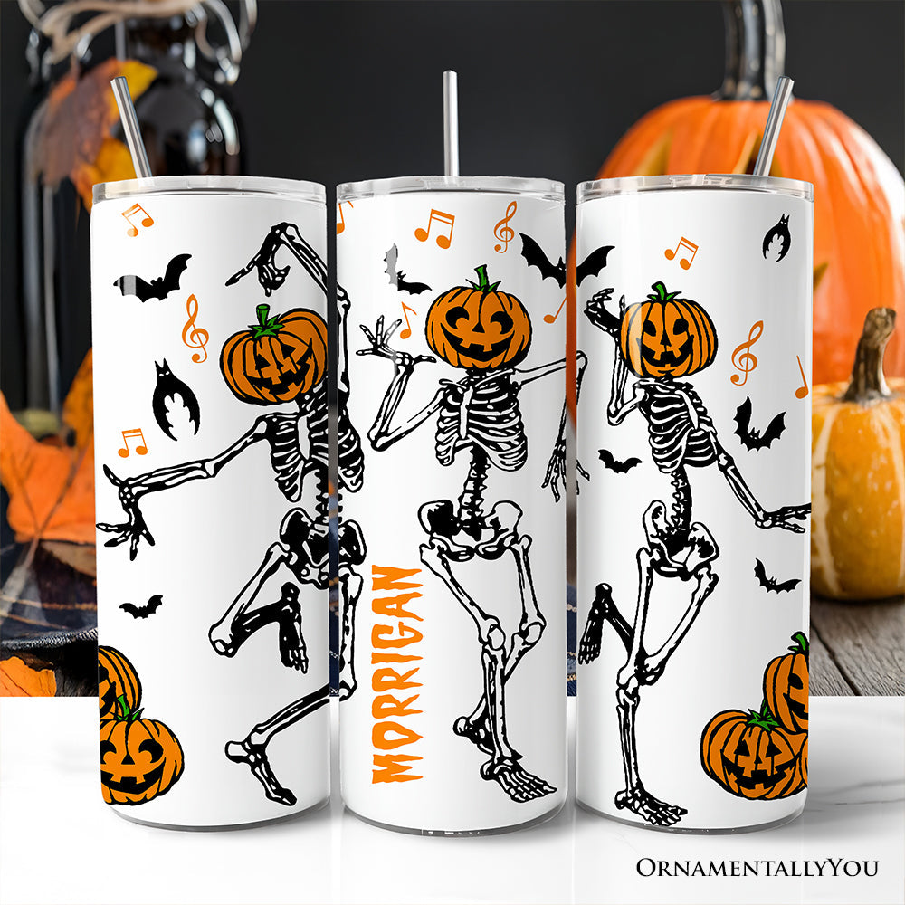 Dancing Skeletons with Pumpkin Head 20oz Personalized Tumbler With Lid and Stainless Steel Straw, Funny Dry Bones Come Alive Halloween Gift Cup