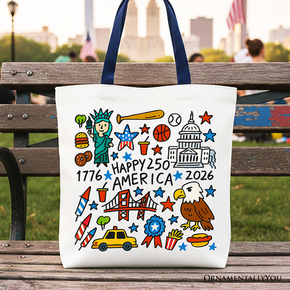 Happy 250 America Doodle Tote Bag, Patriotic USA 1776-2026 250th Anniversary Gift Shopper
