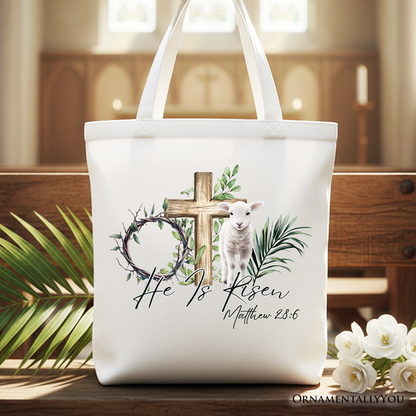 He Is Risen Lamb Cross Christian Easter Tote Bag, Bible Verse Matthew 28:6 Gift Shopper