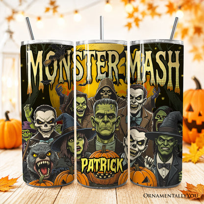 Monster Mash Horror 20oz Personalized Tumbler With Lid and Stainless Steel Straw, Retro Halloween Gift Cup