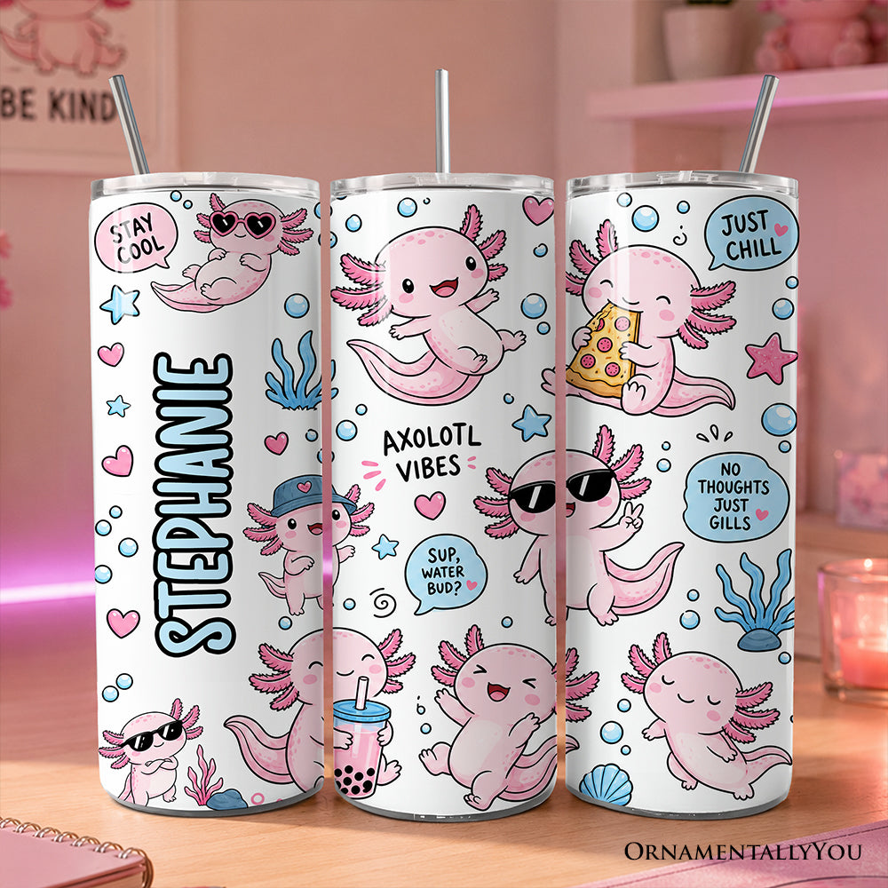 Pink Axolotl Vibe 20oz Personalized Tumbler With Lid and Stainless Steel Straw, Sea Animal Pattern Gift Cup