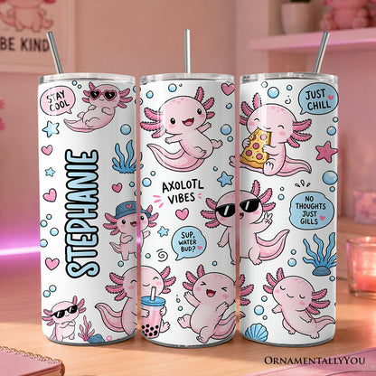 Pink Axolotl Vibe 20oz Personalized Tumbler With Lid and Stainless Steel Straw, Sea Animal Pattern Gift Cup