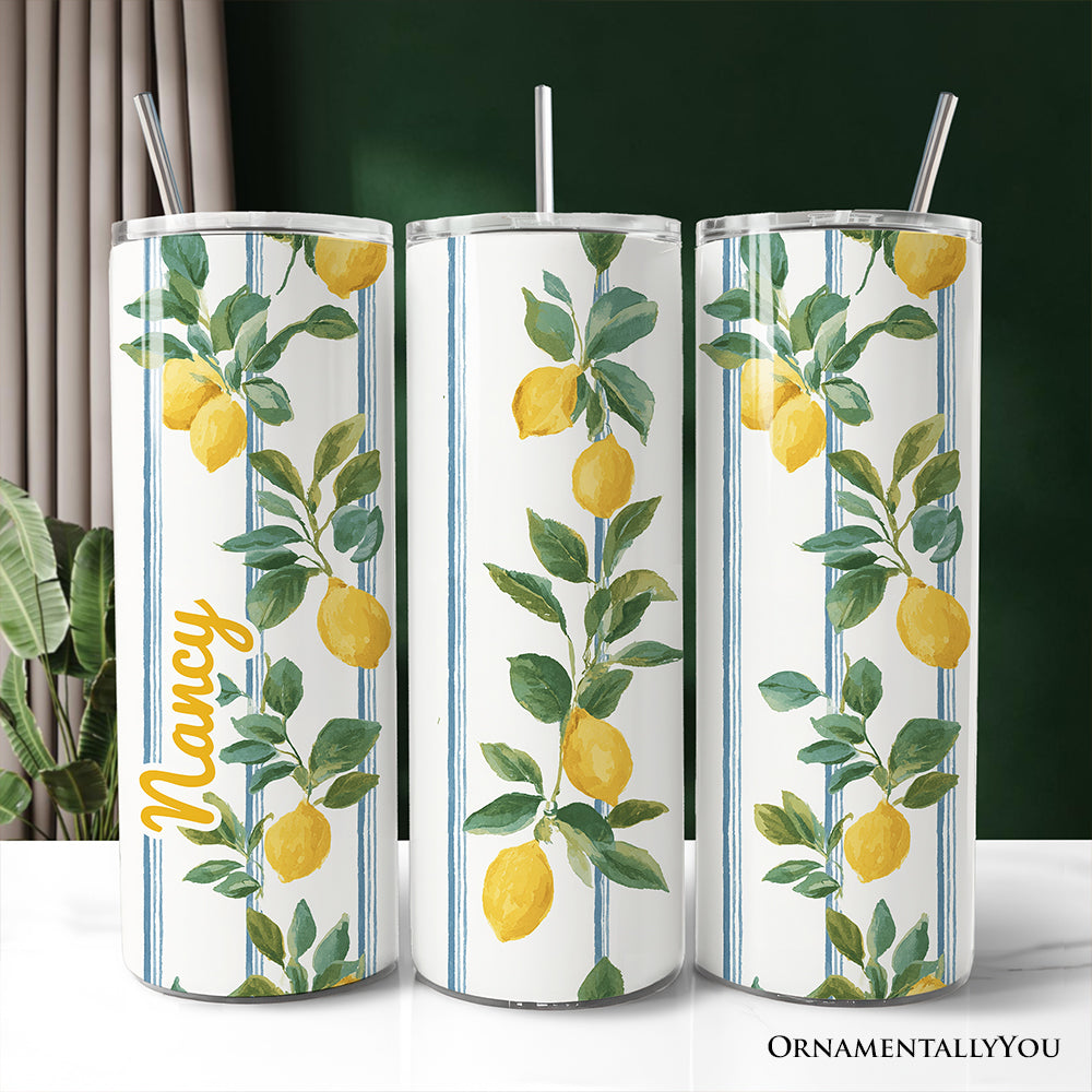 Refreshing Lemon Branches 20oz Personalized Tumbler With Lid and Stainless Steel Straw, Summer Citrus Pattern Gift Cup