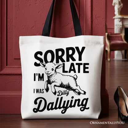 Sorry I'm Late Funny Lamb Tote Bag, Retro Dilly Dallying Gift Shopper for Quirky Women