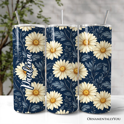 Vintage Daisy Floral Pattern 20oz Personalized Tumbler With Lid and Stainless Steel Straw, Navy Blue Cottage Garden Gift Cup