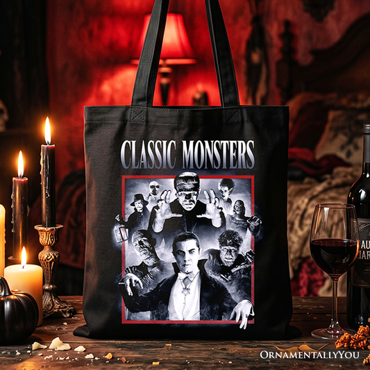 Classic Monsters Black and White Tote Bag, Retro Vintage Horror Gift Shopper