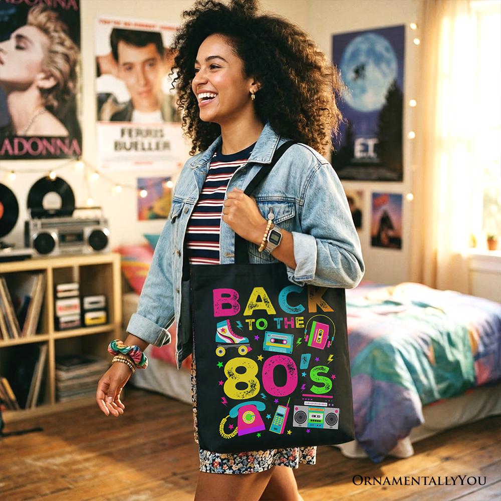 Back To The 80s Tote Bag, Colorful Retro Eighties Party Gift Shopper