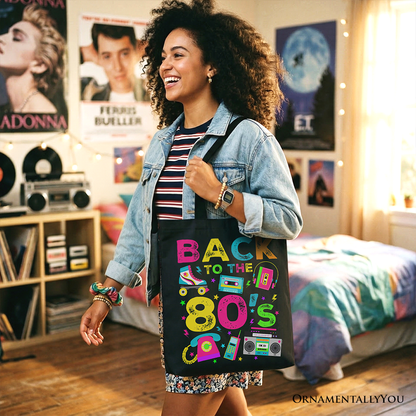 Back To The 80s Tote Bag, Colorful Retro Eighties Party Gift Shopper