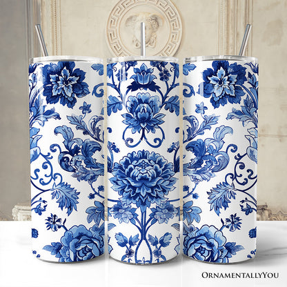Blue and White Floral Pattern 20oz Personalized Tumbler With Lid and Stainless Steel Straw, Vintage Chinoiserie Porcelain Gift Cup